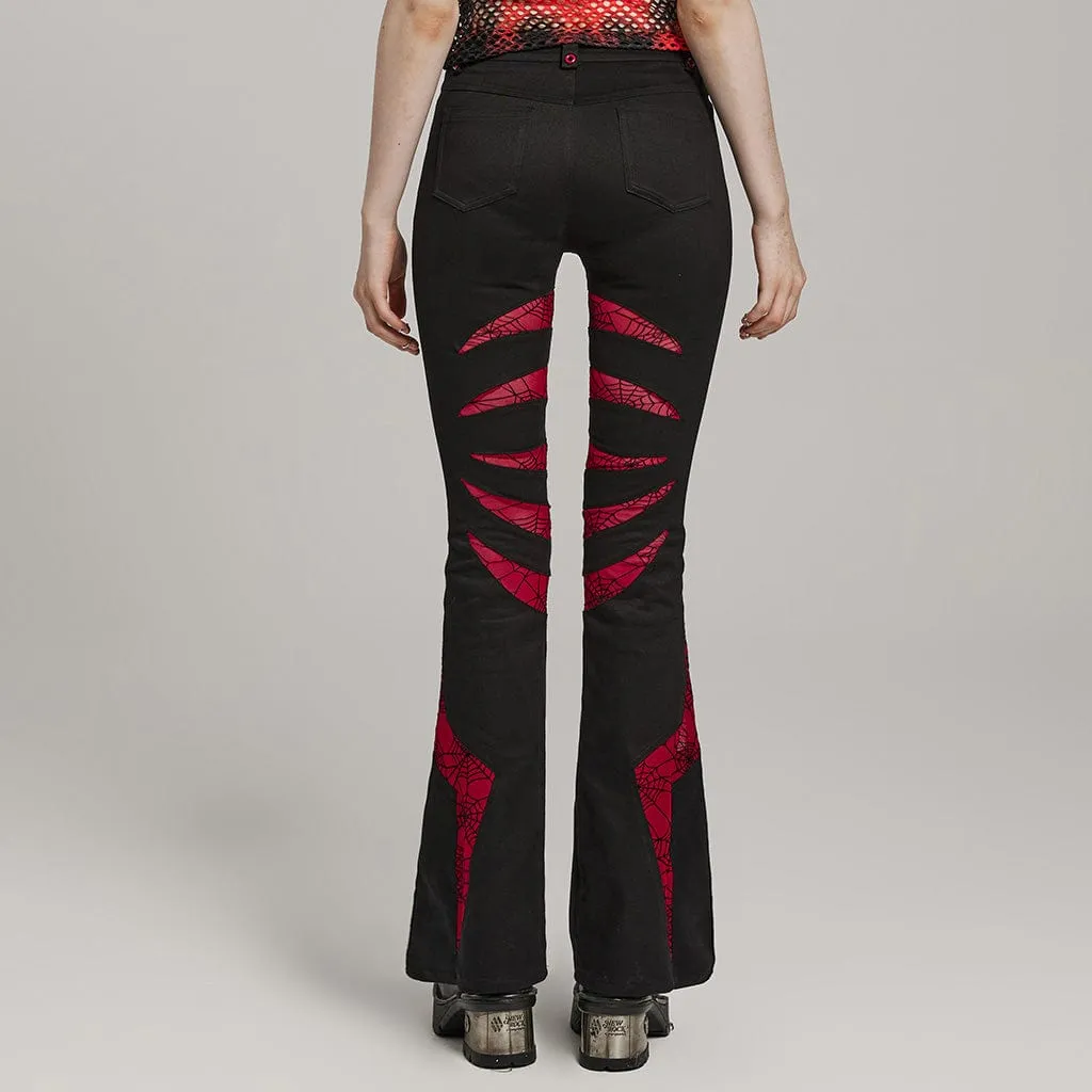 Women's Gothic Symmetrical Mesh Pointed Flared Pants Black-Red