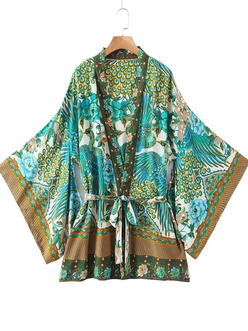 Women's Kimono Floral Birds Print Green Color Cotton Short Length Gown Kimono