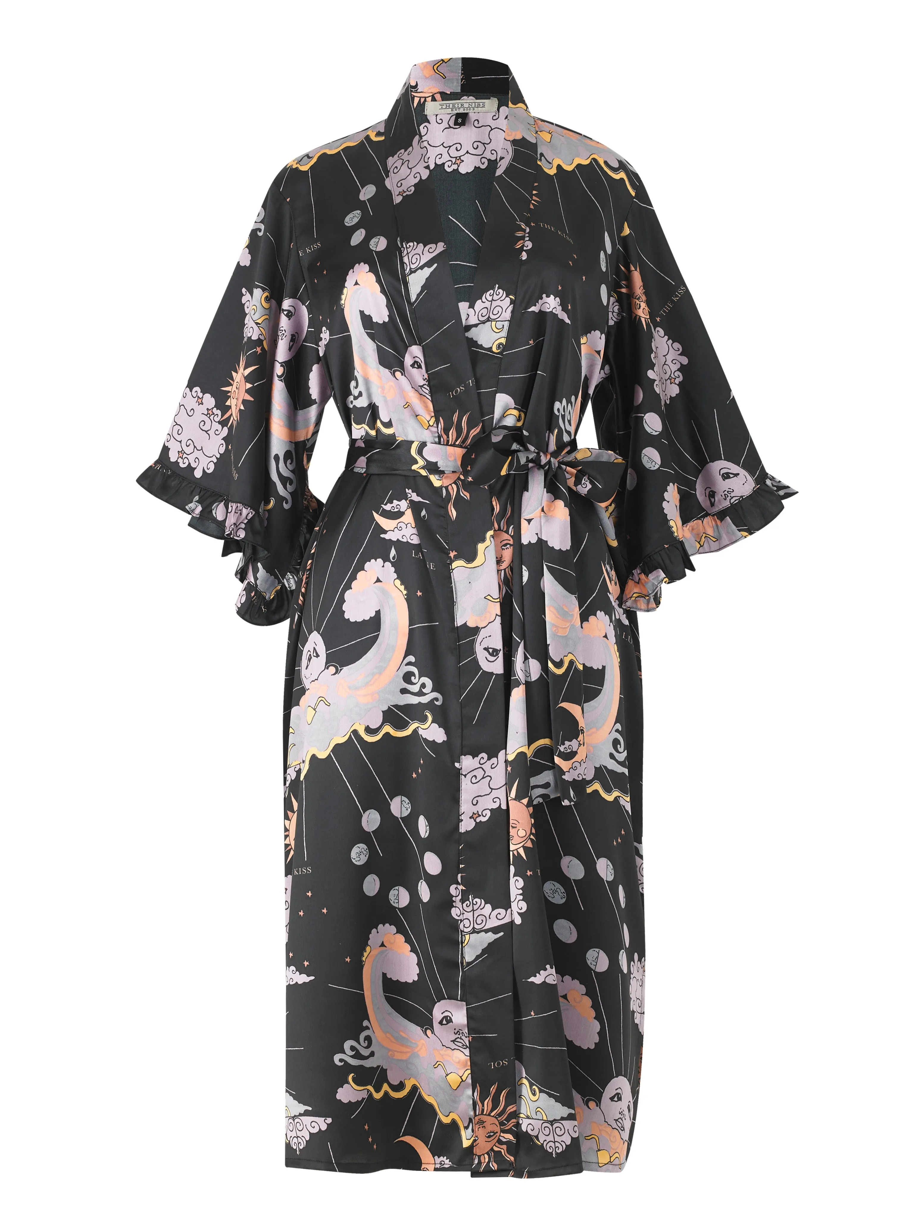 Womens Satin Frill Sleeve Kimono Robe La Luna