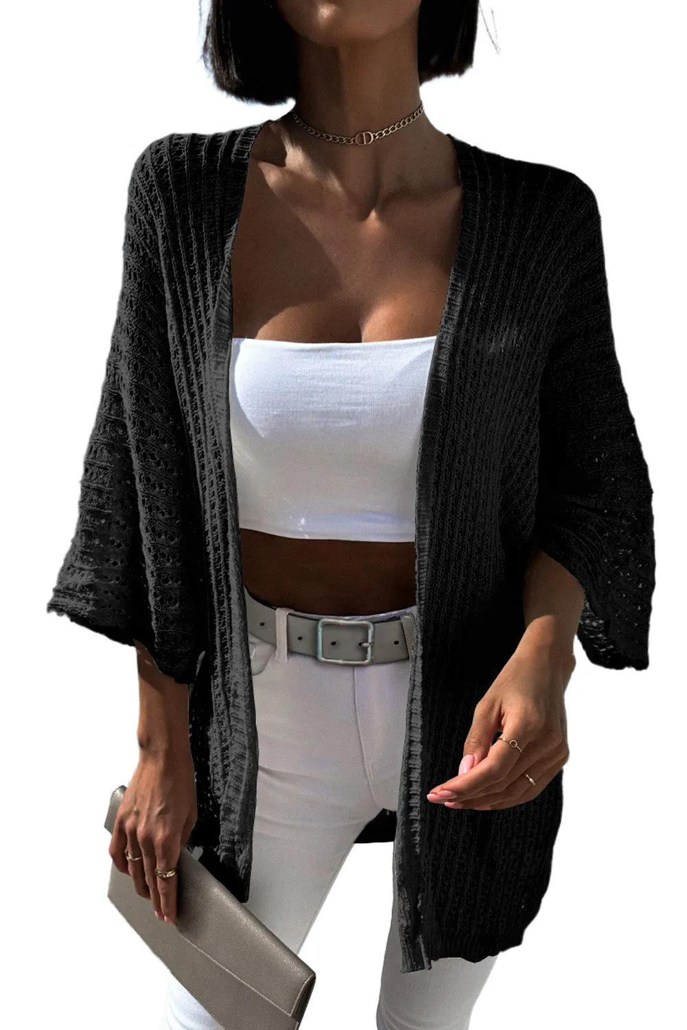 Women's Solid Color Hollow-out Knit Kimono