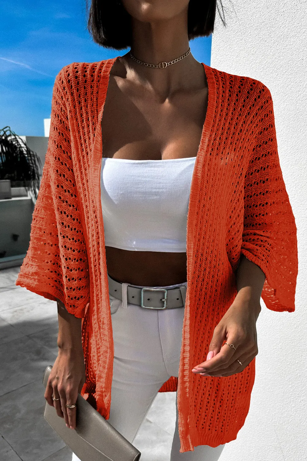 Women's Solid Color Hollow-out Knit Kimono