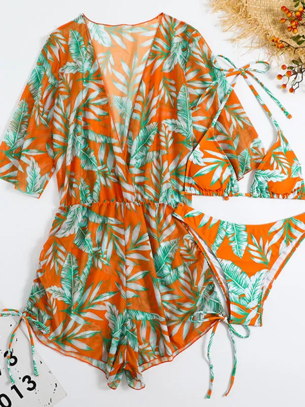 Women's Tropical Print Halter Neck Bikini With Matching Beach Cover Up