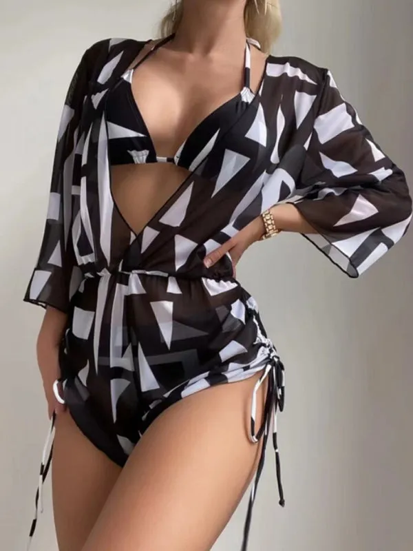 Women's Tropical Print Halter Neck Bikini With Matching Beach Cover Up