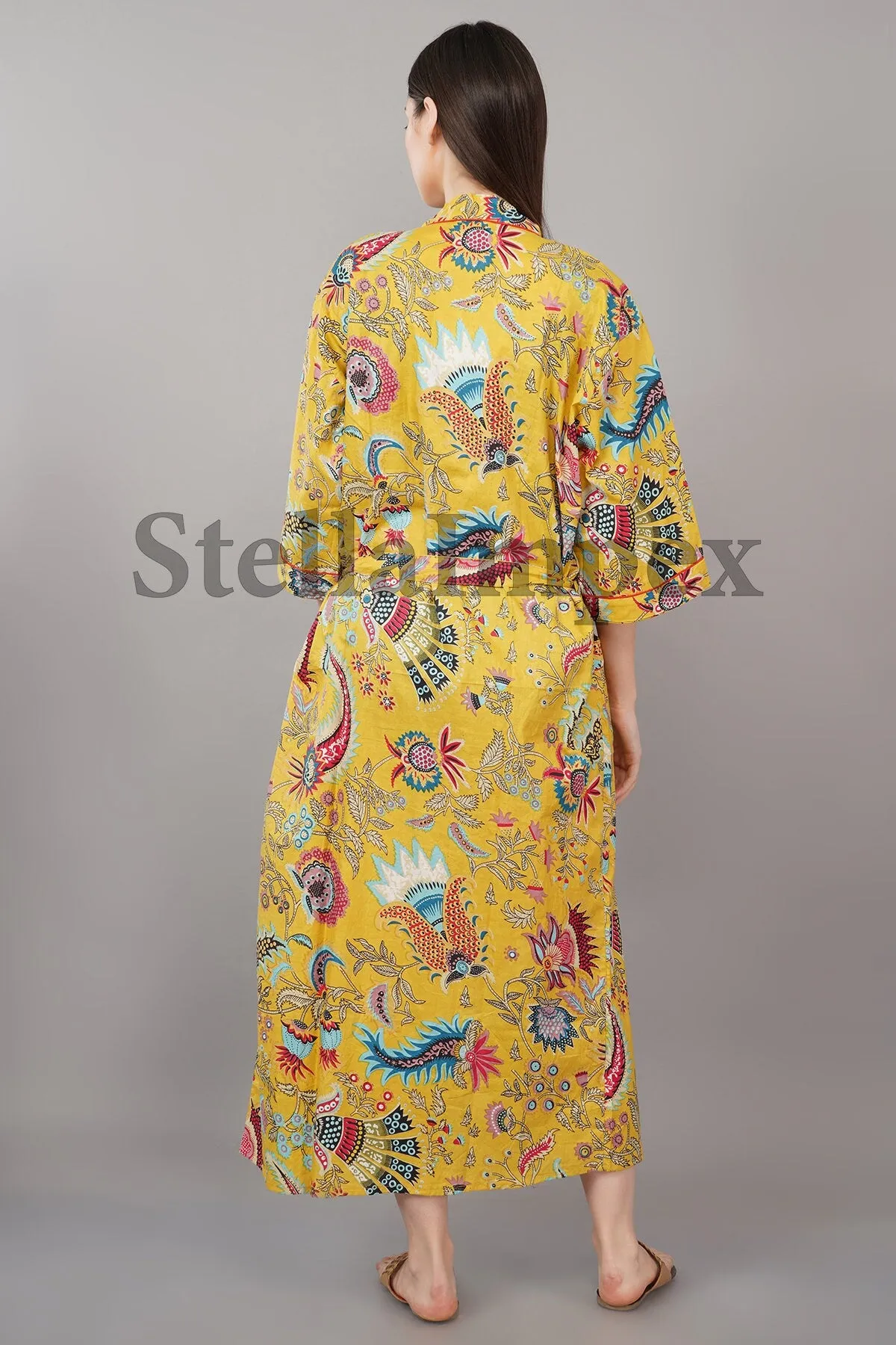 Yellow Print Elegant Cotton Kimono Bathrobe Resort Wear Beach Bikini Cover-ups Boho Kimono Bathrobe, Gift for Her