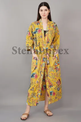 Yellow Print Elegant Cotton Kimono Bathrobe Resort Wear Beach Bikini Cover-ups Boho Kimono Bathrobe, Gift for Her