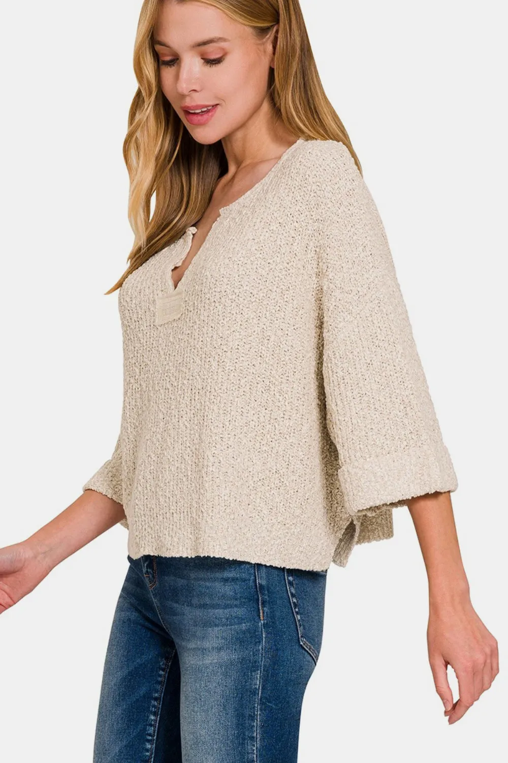 Zenana Notched Side Slit Patch Sweater Sand Beige